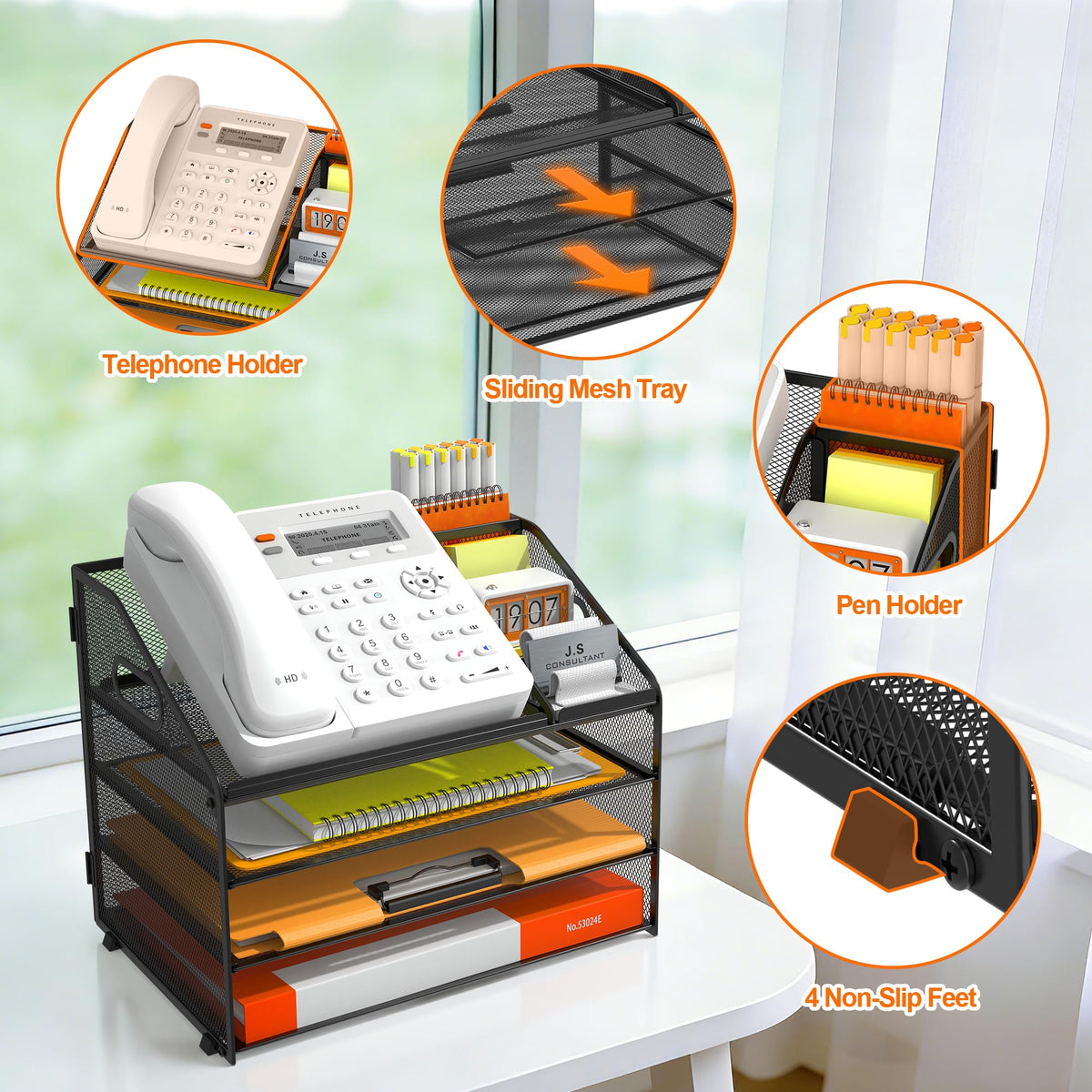 DocNest 4 Tier Metal Mesh Desk File Organizer with Phone Shelf, Black