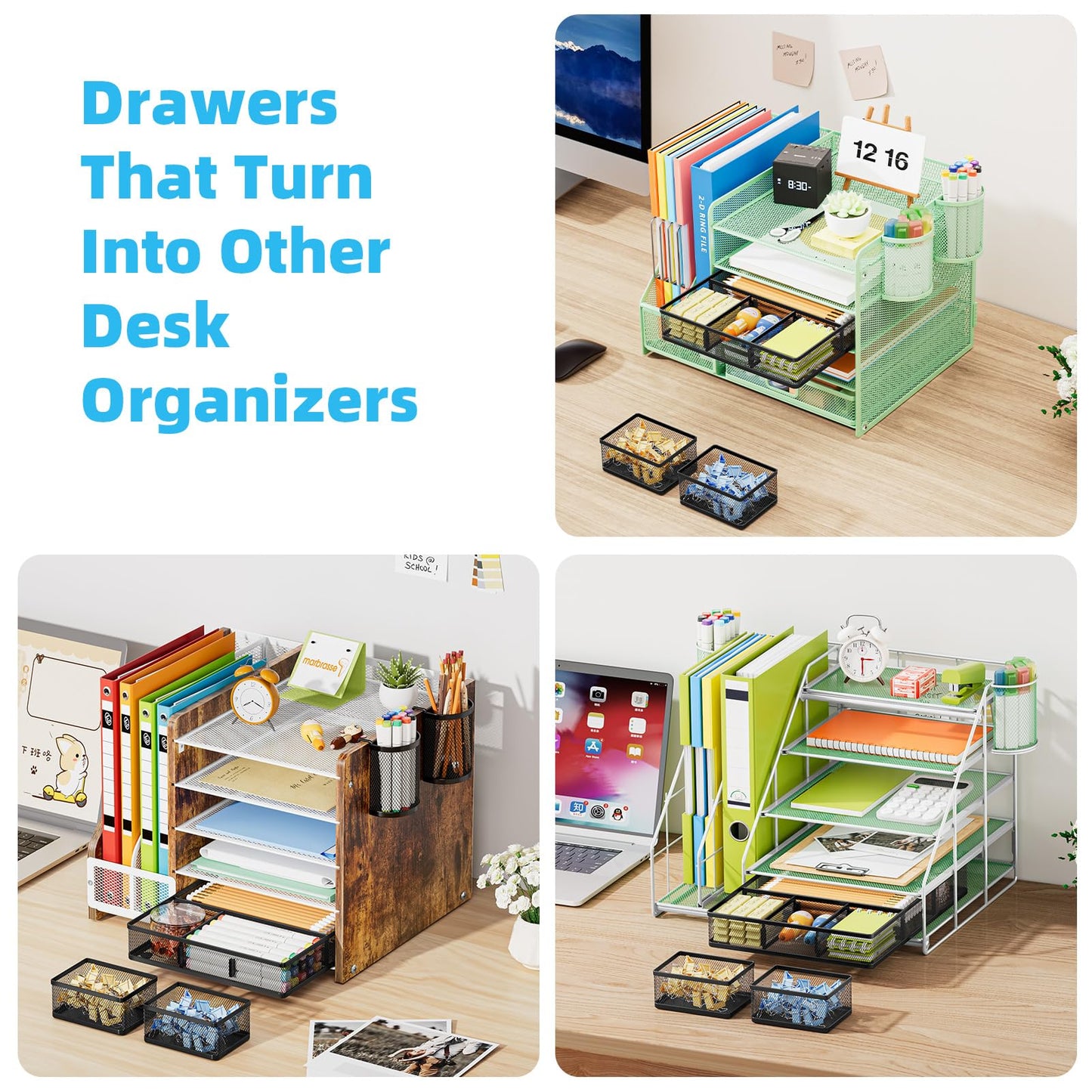 Marbrasse 3 Packs Desk Drawer Organizers, Metal Mesh Dividers Desk Drawer Organizer Tray with 9