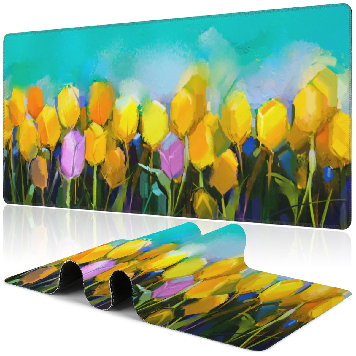 Tulips Flowers Desk Mat,Large Yellow and Violet Tulip Flowers Gaming Keyboard Mouse Pad,Non-Slip