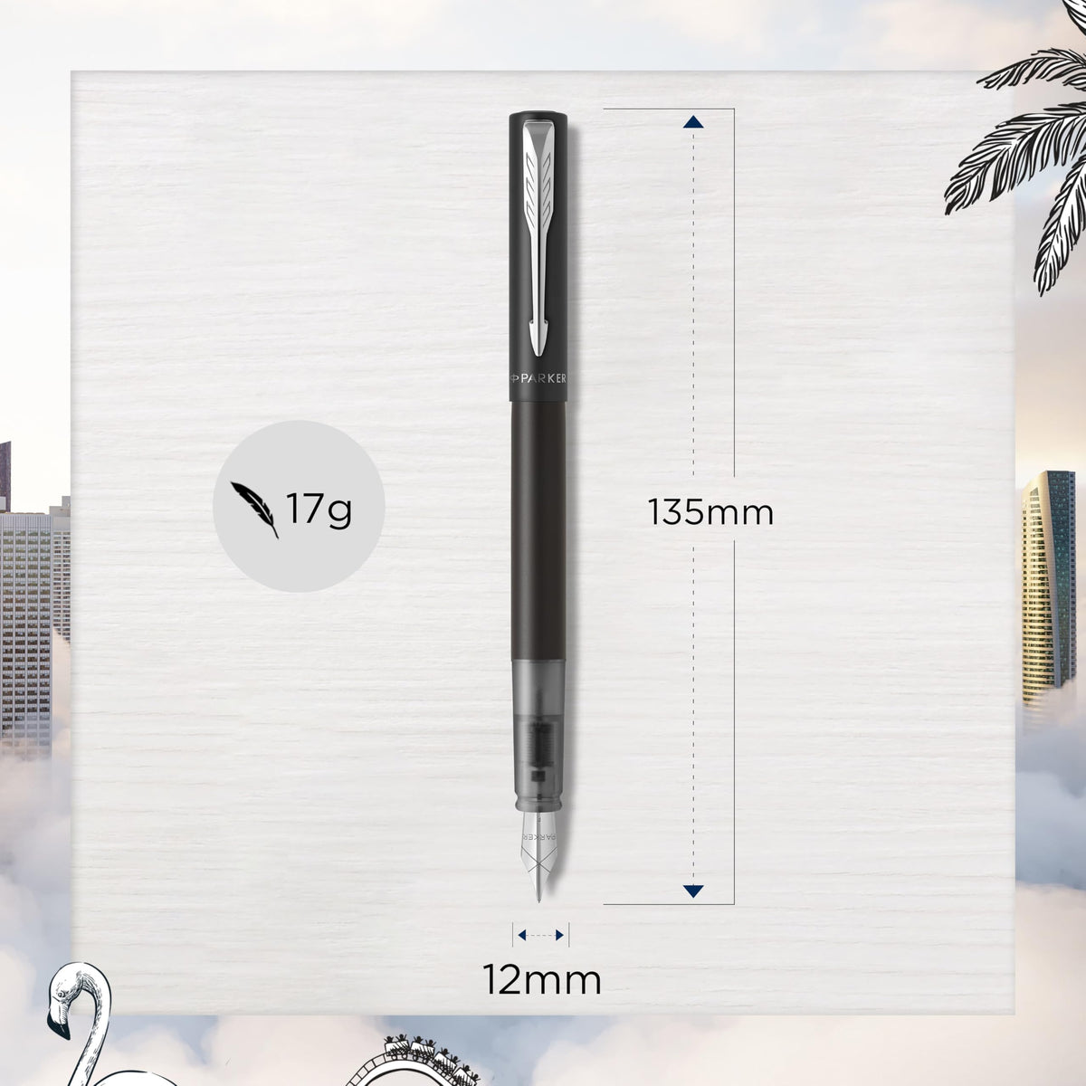 PARKER Vector XL Fountain Pen | Metallic Black Lacquer on Brass | Medium Nib with Blue Ink Refill |