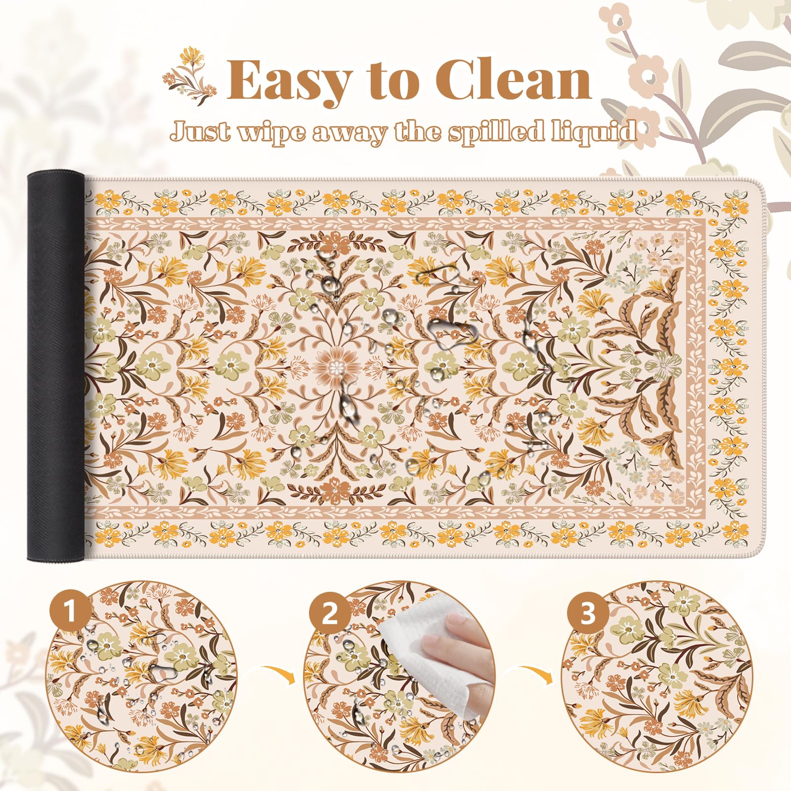 HAOCOO Large Desk Pad for Women Office, Cute Floral Mouse Mat(Brown)