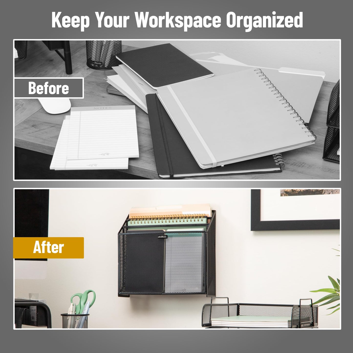 Mind Reader Vertical File Storage, Desktop Organizer, Wall Mount, Office, Metal Mesh, Black