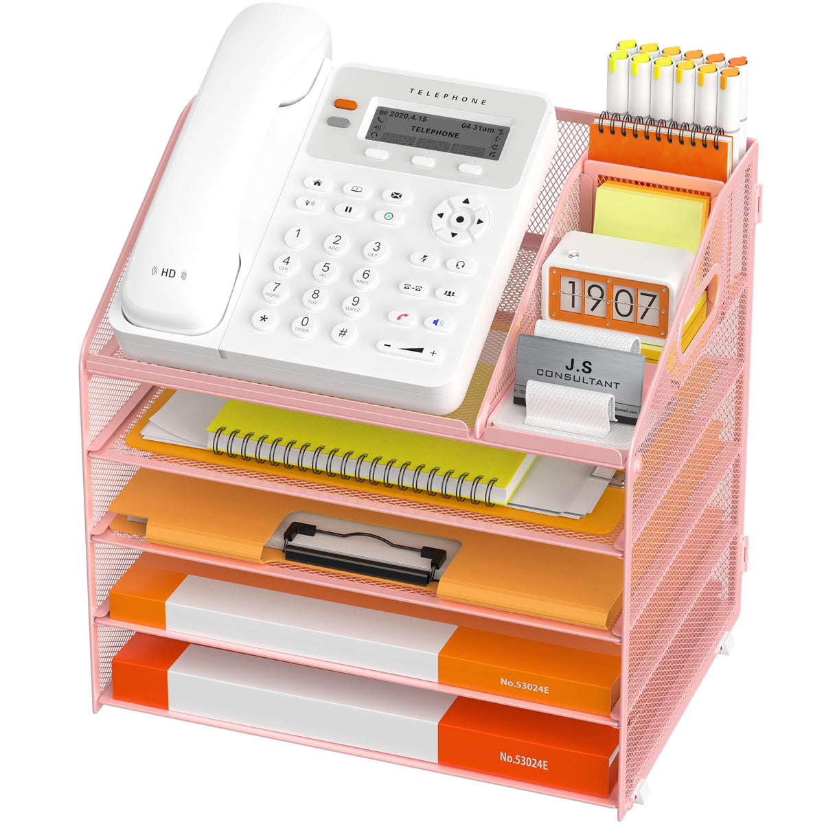 DocNest 5 Tier Metal Mesh Desk File Organizer with Phone Shelf, Pink