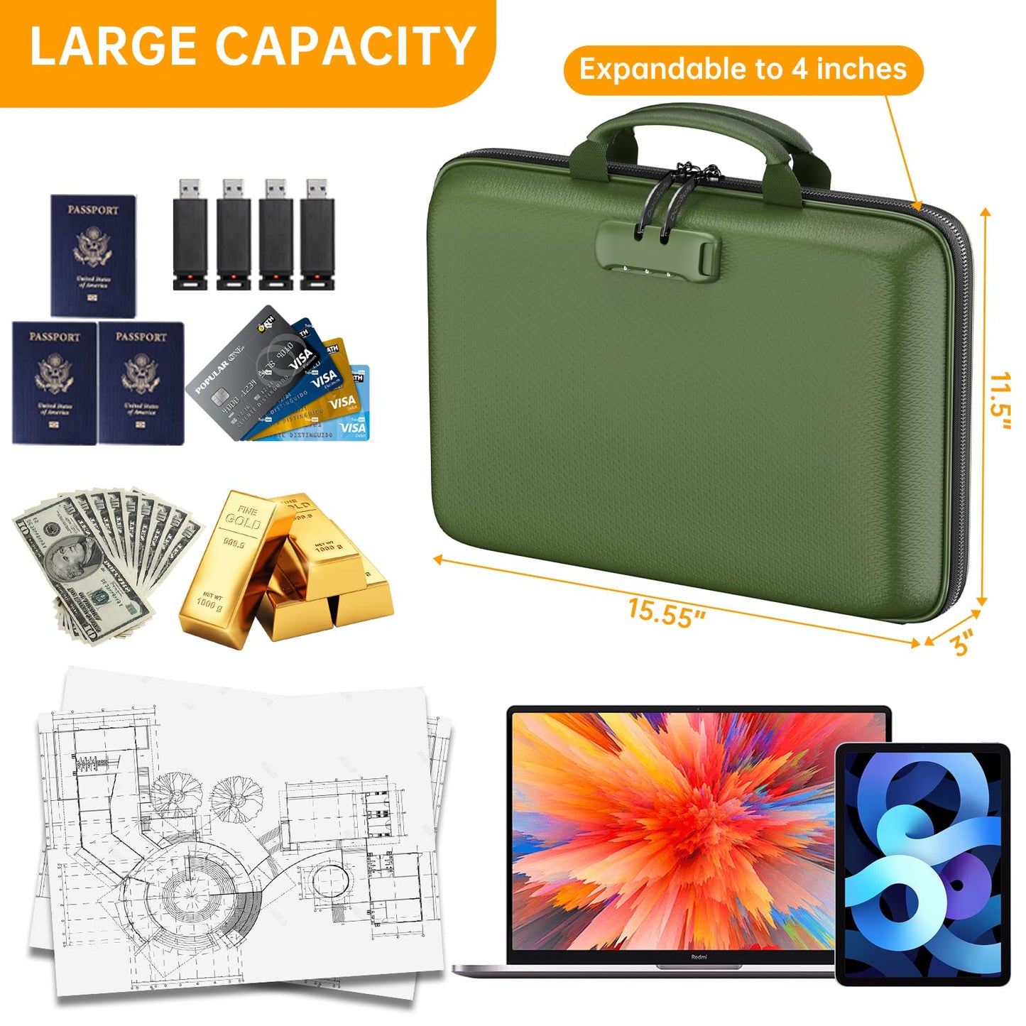 DocSafe Fireproof File Organizer with Lock, Hard-Shell Case Fireproof Document Box with 13 Pocket