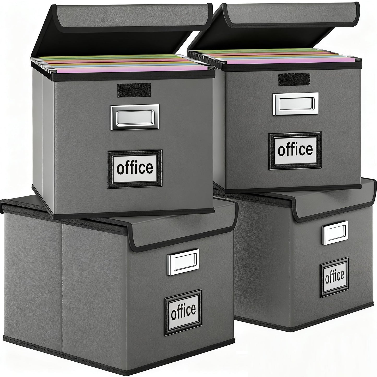 Huolewa Foldable File Organizer Box with Lids (4 Pack, Dark Gray, Leather)