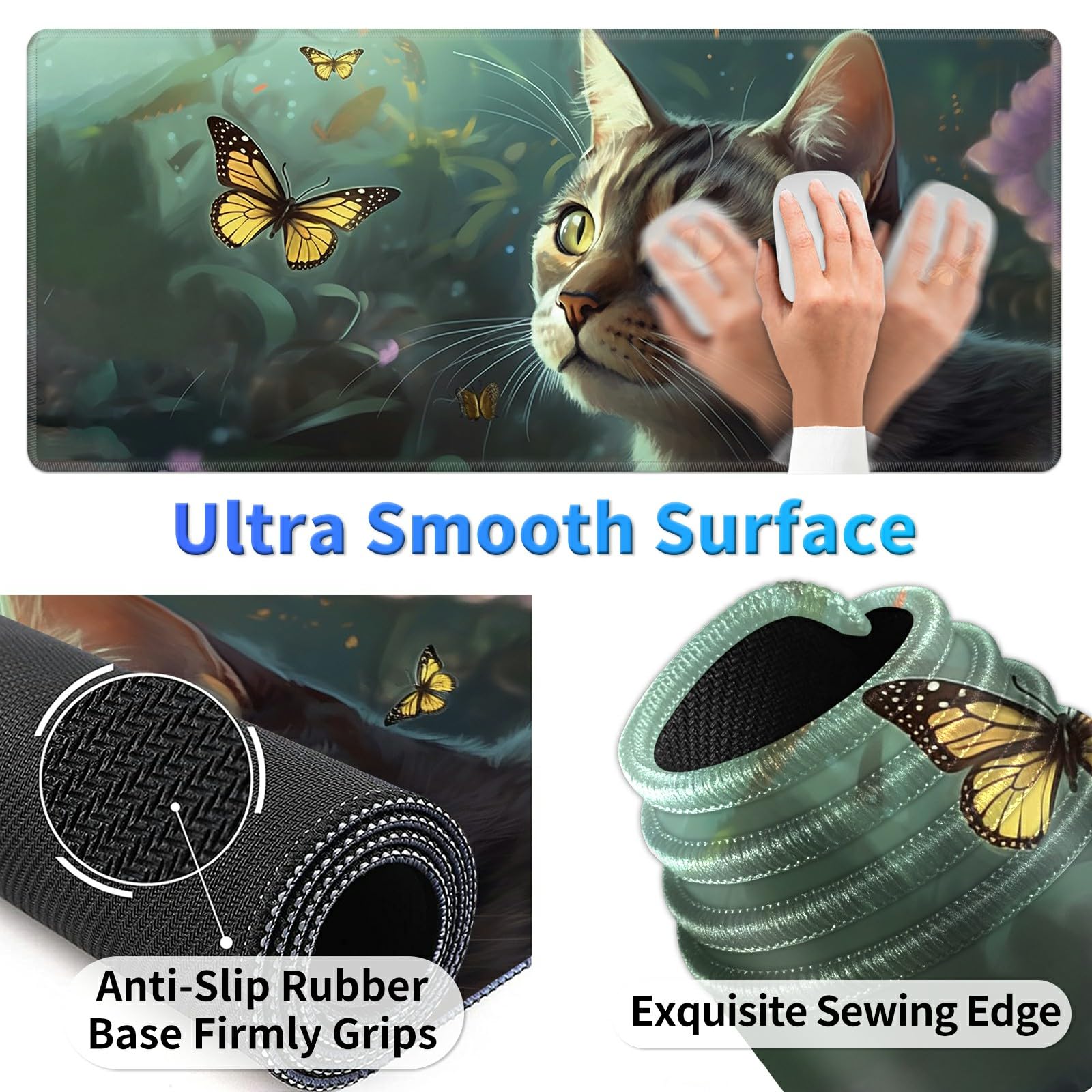 BPQOJB Laptop Mouse Pad 27.5 x 11.8 inch & Small Wrist Rests with Coasters and Cute Cat & Butterfly