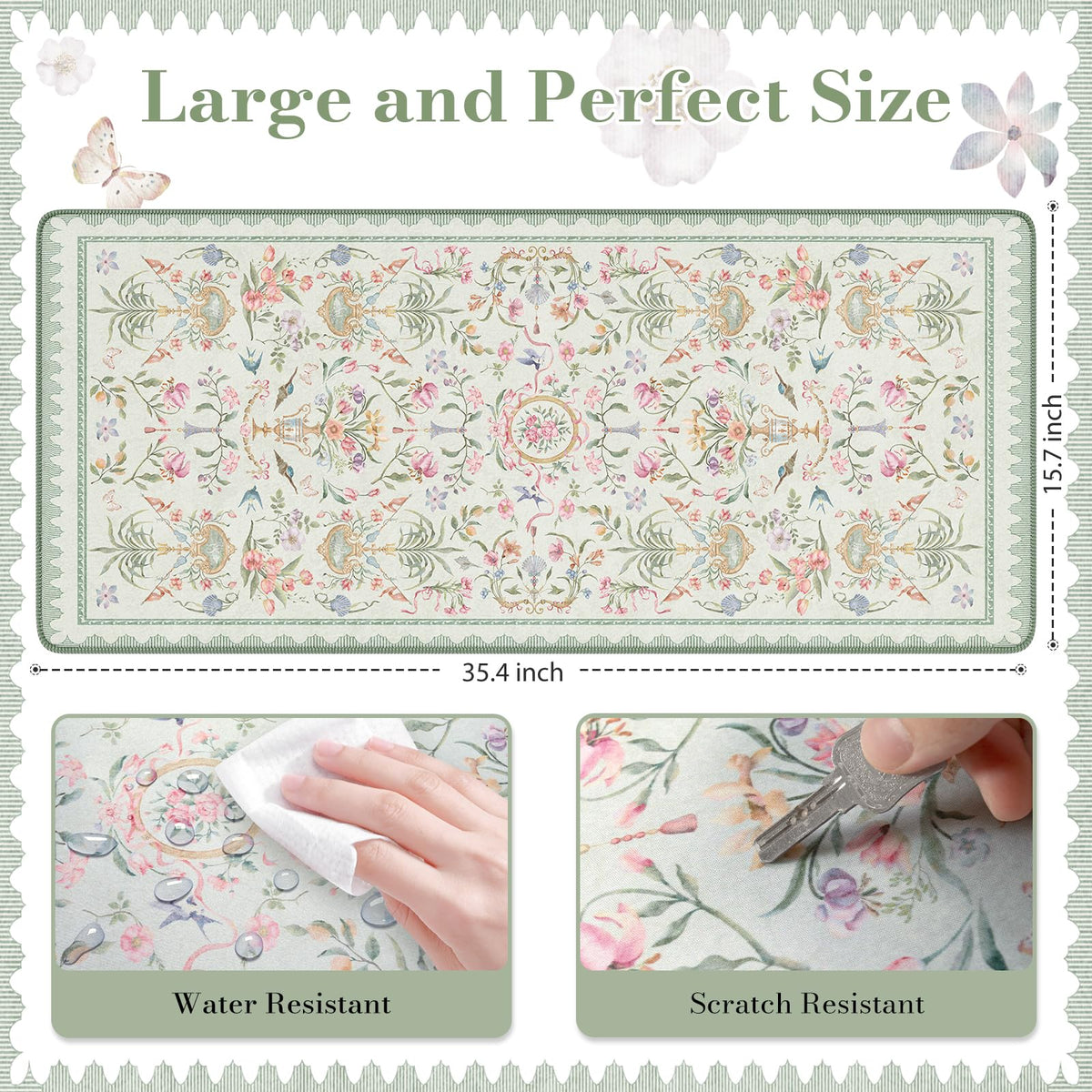 HAOCOO Green Desk Pad, 35.4" x 15.7" Vintage Floral Keyboard Mat for Office
