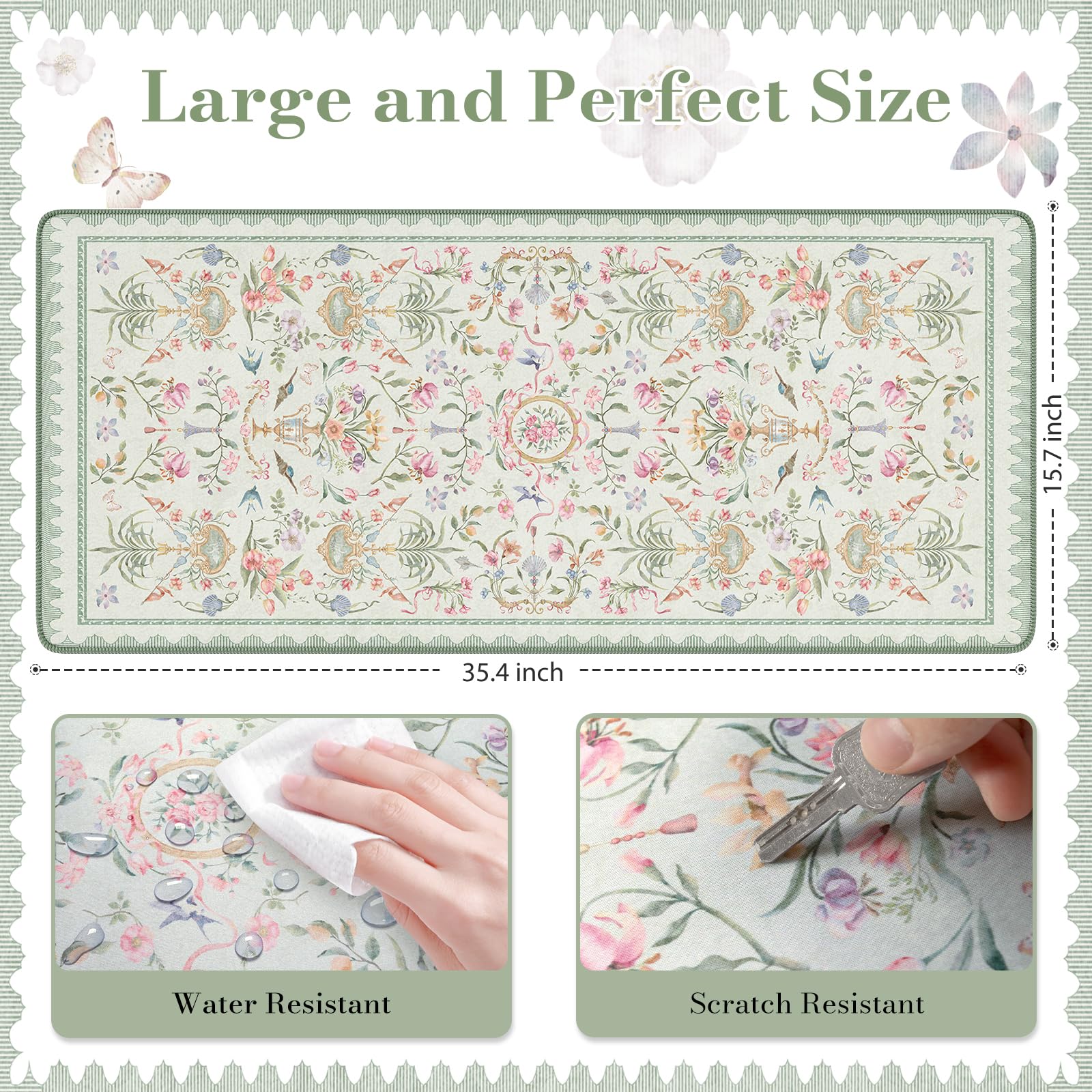 HAOCOO Green Desk Pad, 35.4" x 15.7" Vintage Floral Keyboard Mat for Office