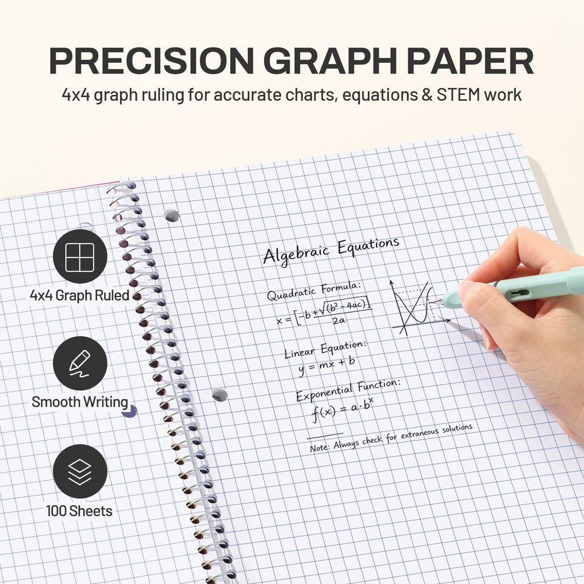 SUNEE Spiral Notebook, 1-Subject, Graph Ruled Paper, 8" x 10-1/2", 100 Sheets per Notebook, 3-Hole