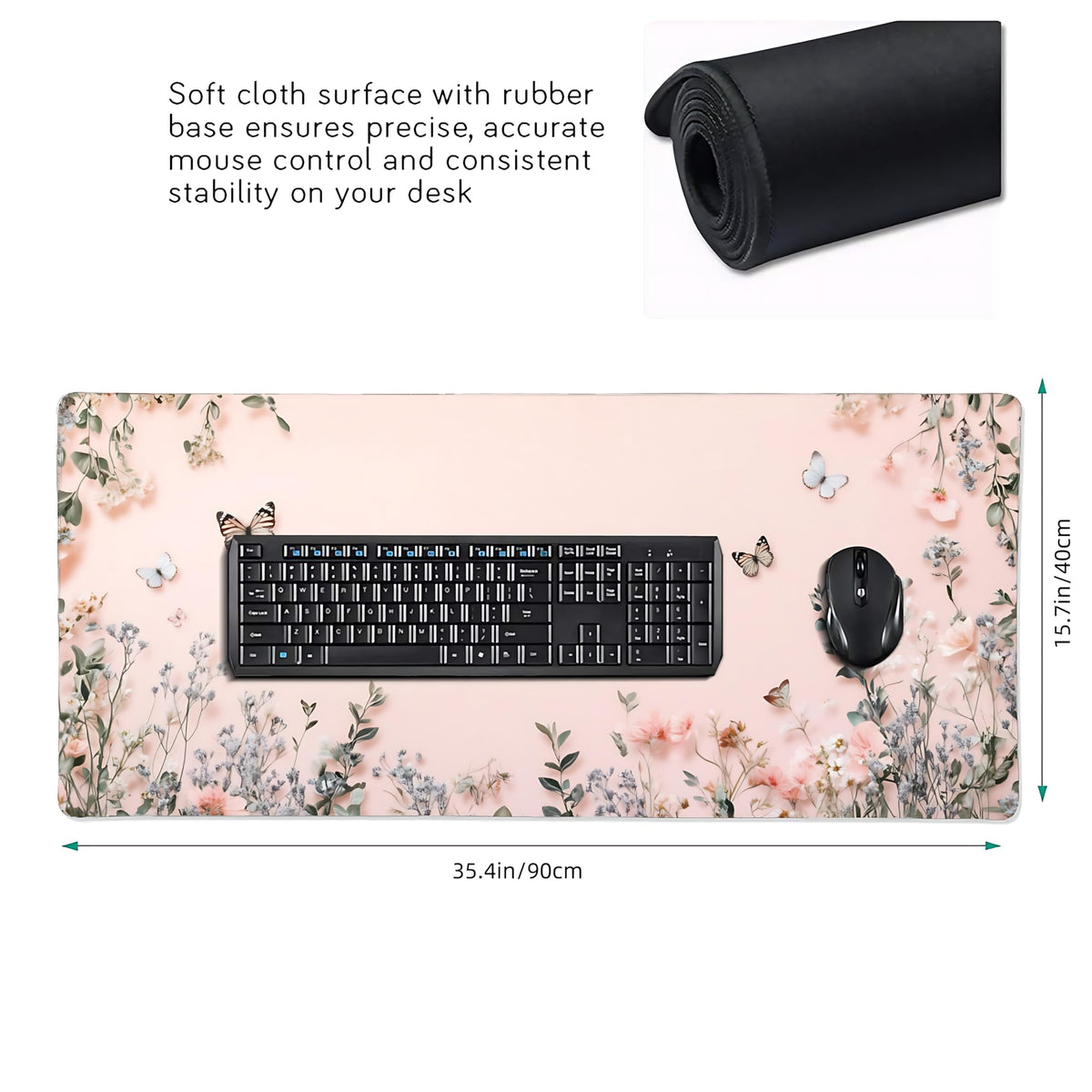 Cute Floral Aesthetic Wildflower Large Mouse Pad, Pink Macaron Desk Mat with Anti-Slip Base &