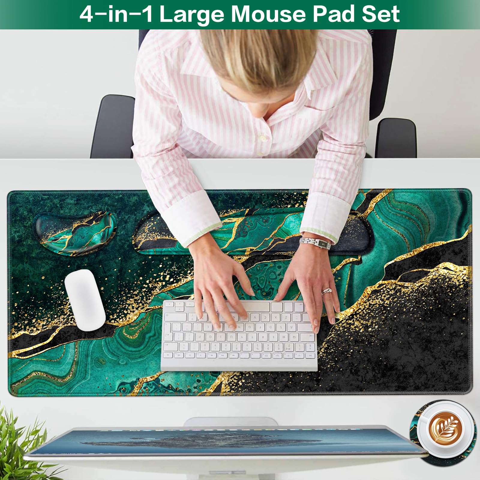 Mouse Pad Green, Desk Mat, Large Gaming Mouse Pad with Wrist Rest 4in1 XXL