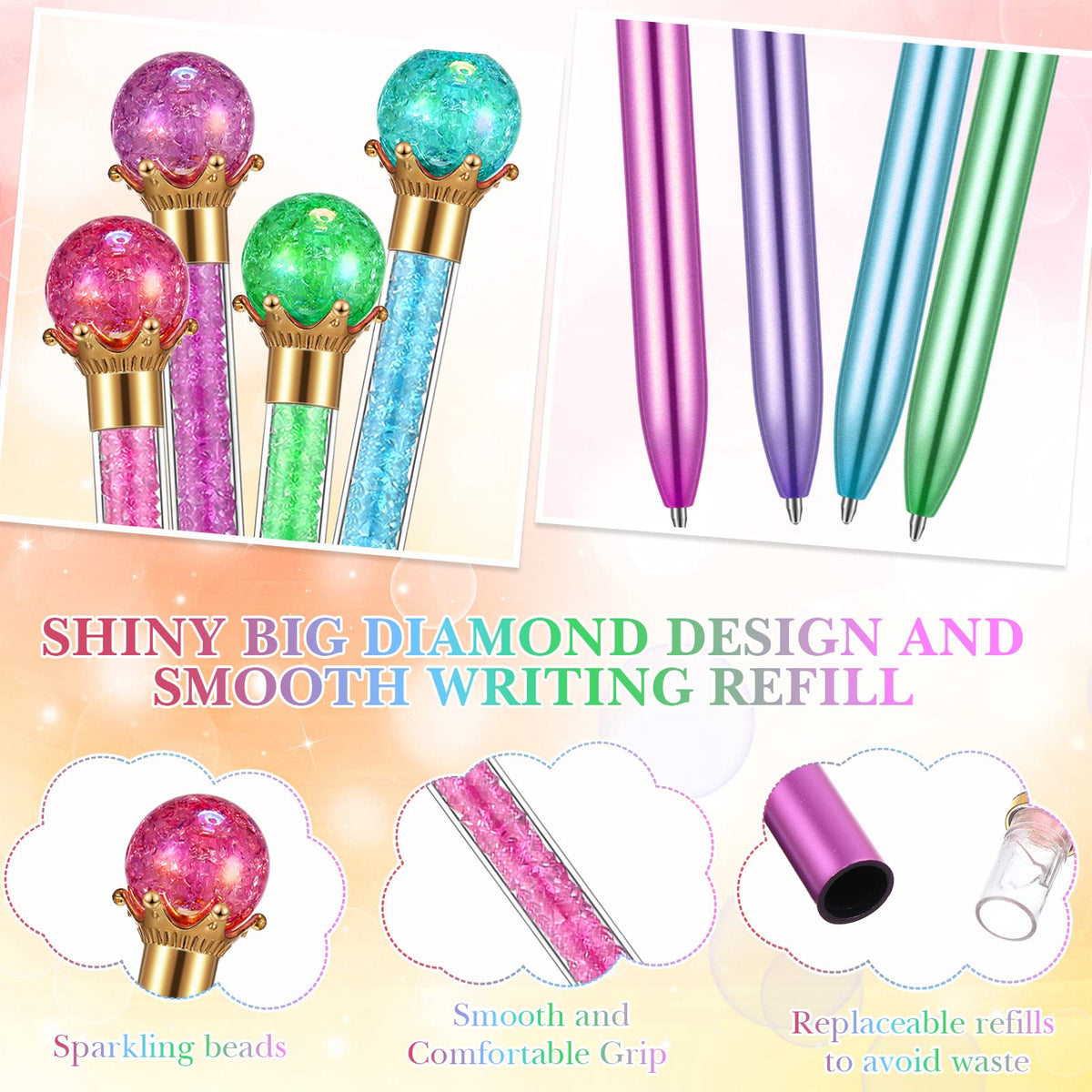 Gersoniel 24 Pcs Big Crystal Diamond Top Pens Rhinestones, Novel Style