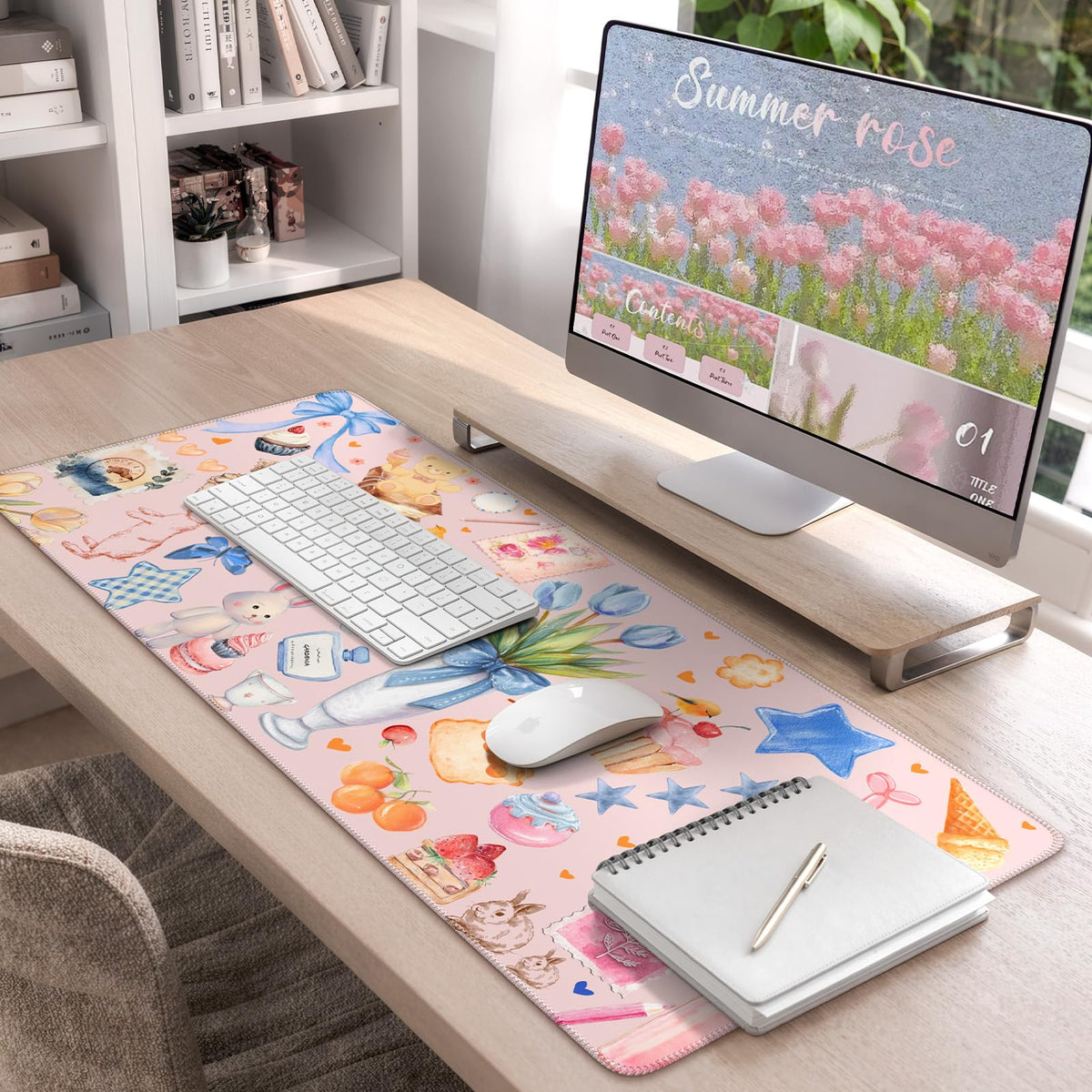 iCasso Pink Desk Mat, Cute Mouse Pad Decor, 35.4 x 15.7in Office Decor