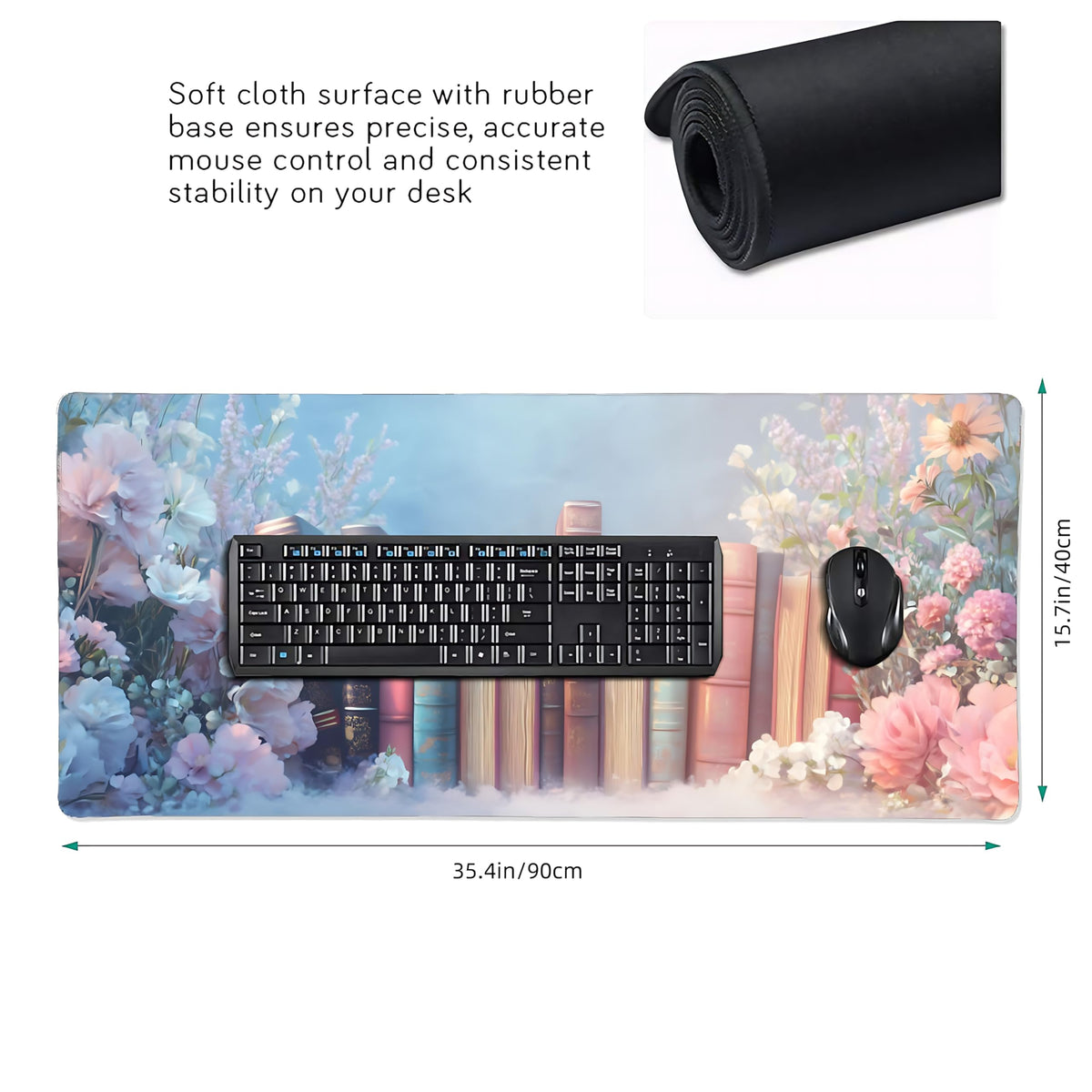 Cute Floral Aesthetic Book Gaming Mouse Pad, Blue Pink Dreamy Desk Mat with Anti-Slip Base &