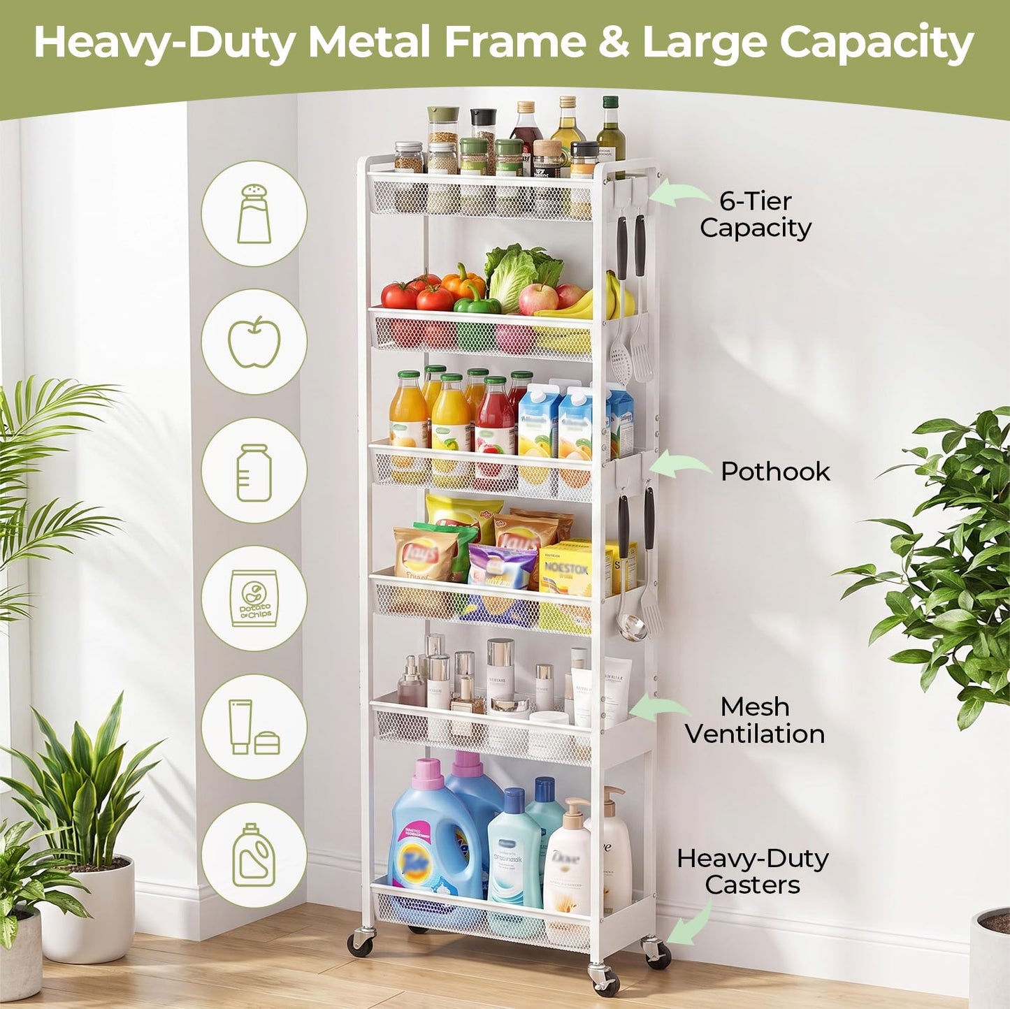 Delamu 6 Tier Slim Rolling Storage Cart, Utility Metal Narrow Cart 7.1" W