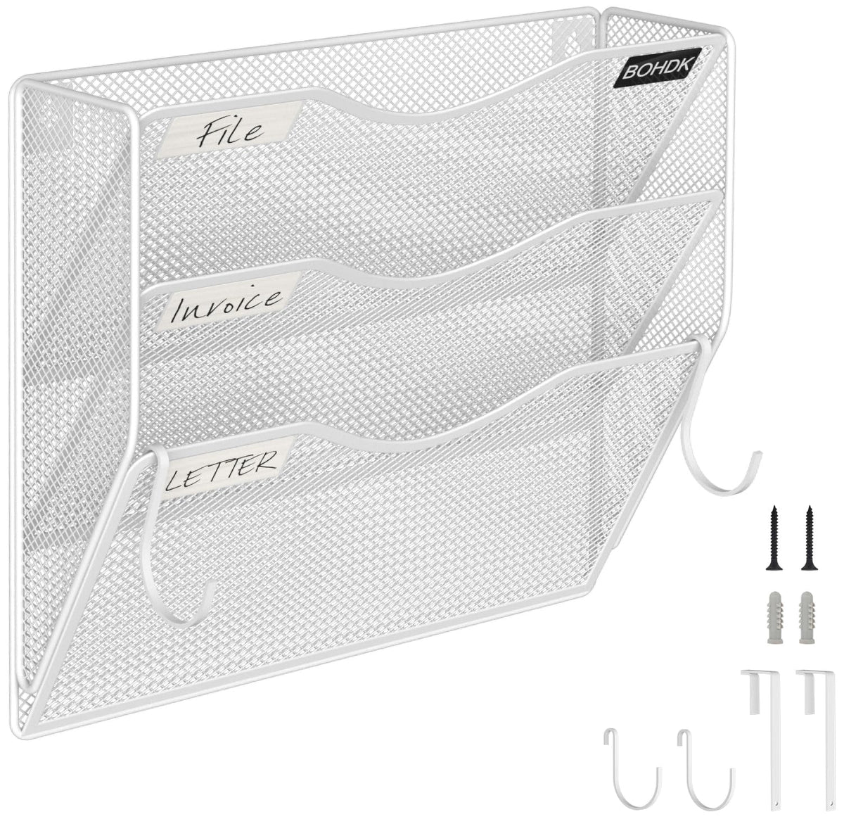 BOHDK Wall File Organizer, 3 Tire Hanging File Folder Mail Organizer, Vertical Mesh Metal Door/Wall