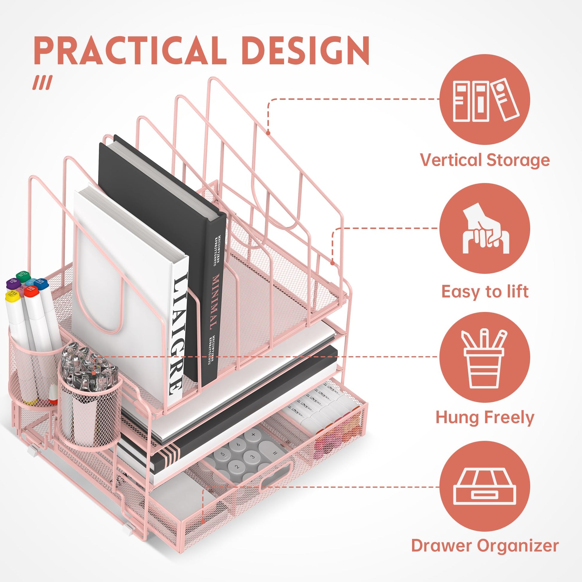 DALTACK 4-Tier Mesh Desk Organizer with Drawer, Desktop Organizer with 5 Vertical File Holders and