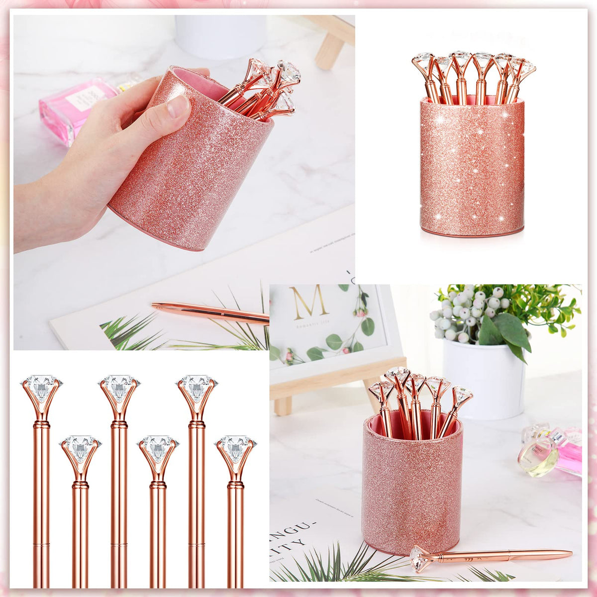 BBTO Pen Holder with 6 Pcs Bling Diamond Pens, Pencil Cups for Desk Glitter Bling Desk Organizer