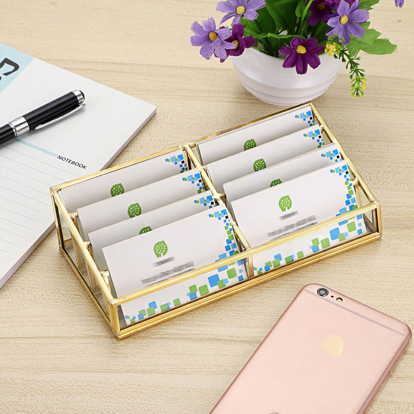 Hipiwe Gold Glass Business Card Holder Mirrored Name Cards Stand, 8 Slot