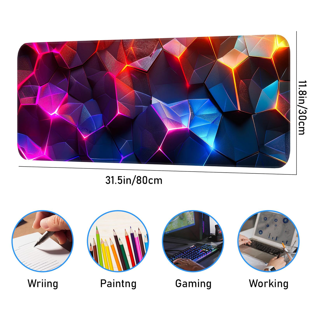 Gaming Mouse Pad, Geometric Design, Non-Slip Rubber Bottom, Stitched Edges, for Home, Office
