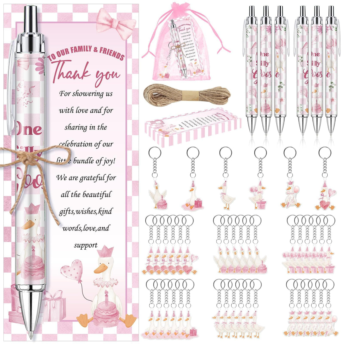 EYNDYN 145 Pieces Silly Goose Baby Shower Favors for Guest Pink Goose Ballpoint Pens and Keychains