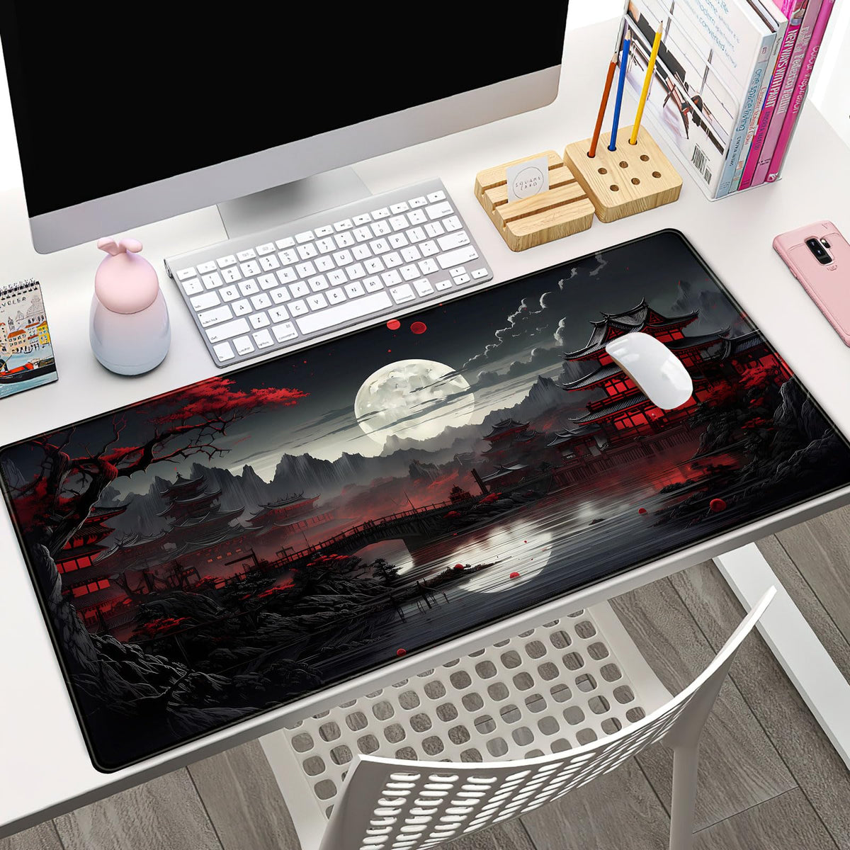 Japanese Desk Mat Riverside Full Moon Desk Pad Black Red Large Mouse Pad Gaming Mousepad Extended