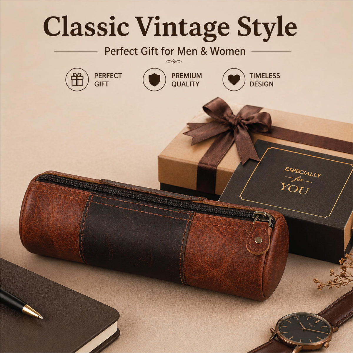 TheAntiq Genuine Leather Pencil Pouch, Handcrafted Zipper Organizer Case with Wrist Strap, Durable