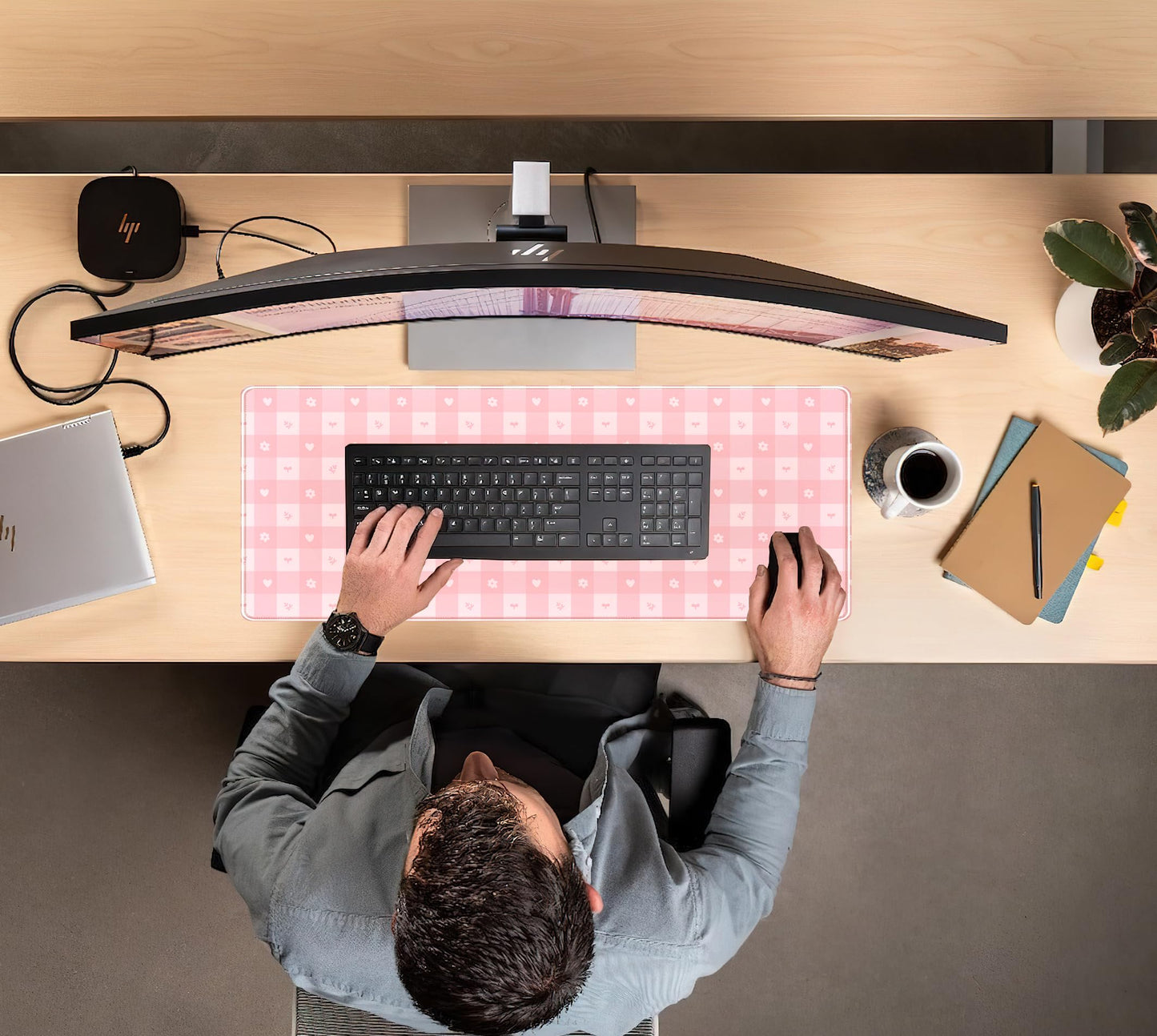 Pink Minimalist Gingham Floral Desk Mat Gaming Mouse Pad Large Cute Pastel Desk Pad Deskmat Kawaii