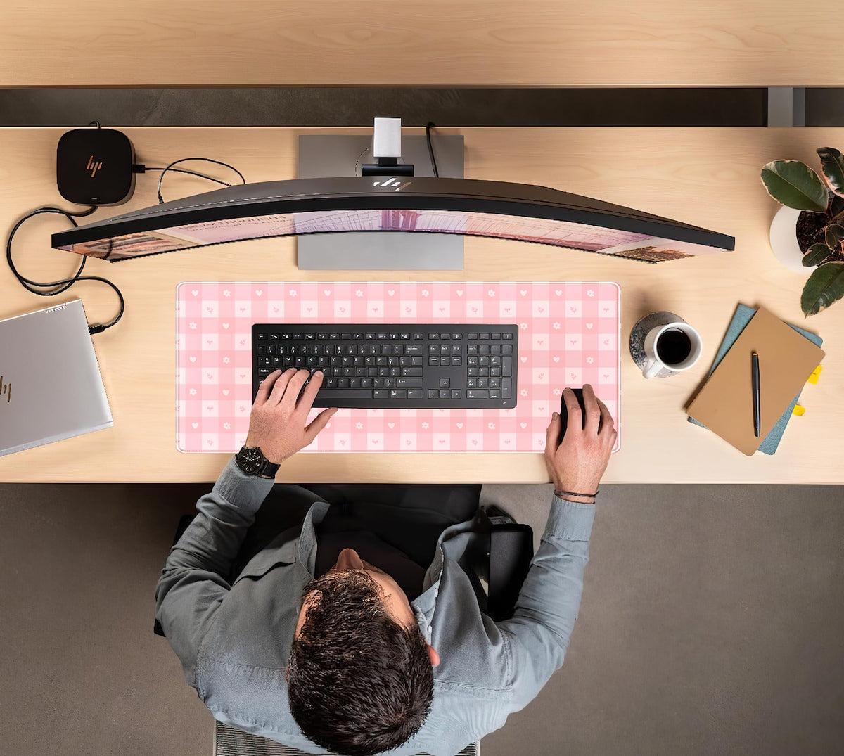Pink Minimalist Gingham Floral Desk Mat Gaming Mouse Pad Large Cute Pastel Desk Pad Deskmat Kawaii