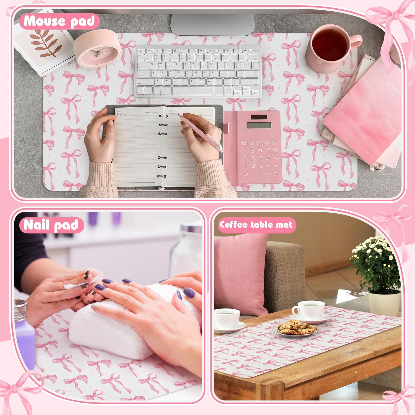 Teenyyou Bow Makeup Vanity Mat Leather Desk Pad, Pink 31.5"X 15.7"