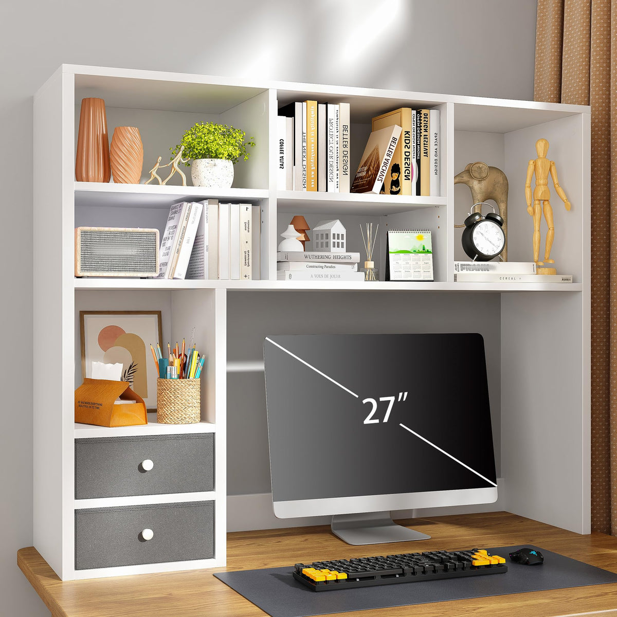 REIBII Desktop Bookshelf, 8 Shelves Desktop Hutch for Dorm Room, White