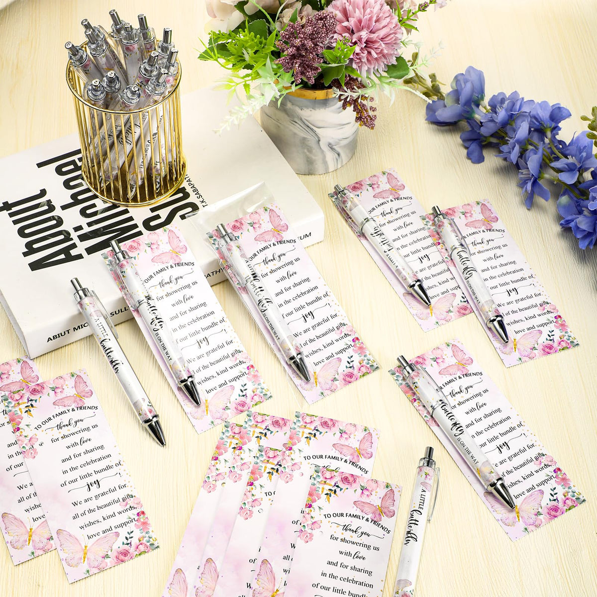 Dinifee 36 Sets Butterfly Baby Shower Favor, Pink Pen with Greeting Cards
