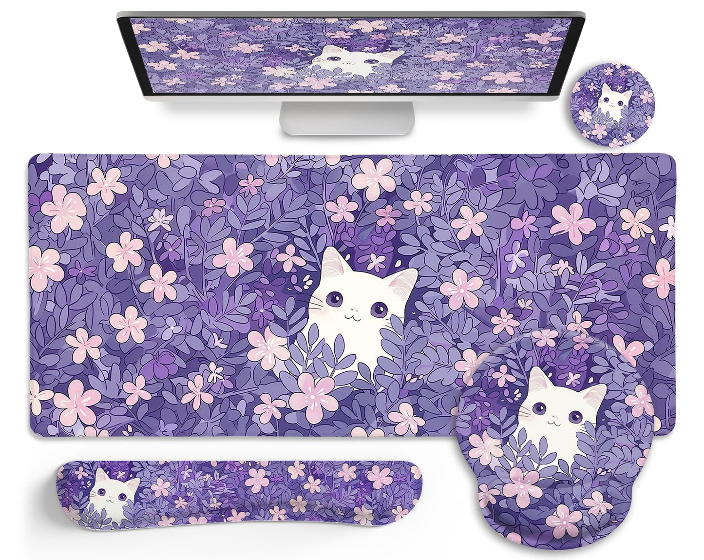 LIMKRIAN Purple Mouse Pad Large Desk Mat Set, Kawaii Cat Gaming Mousepad