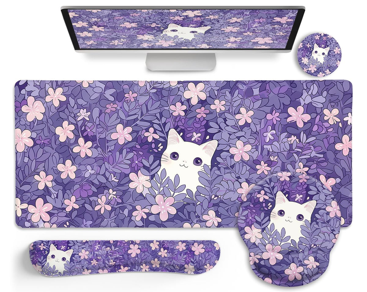 LIMKRIAN Purple Mouse Pad Large Desk Mat Set, Kawaii Cat Gaming Mousepad