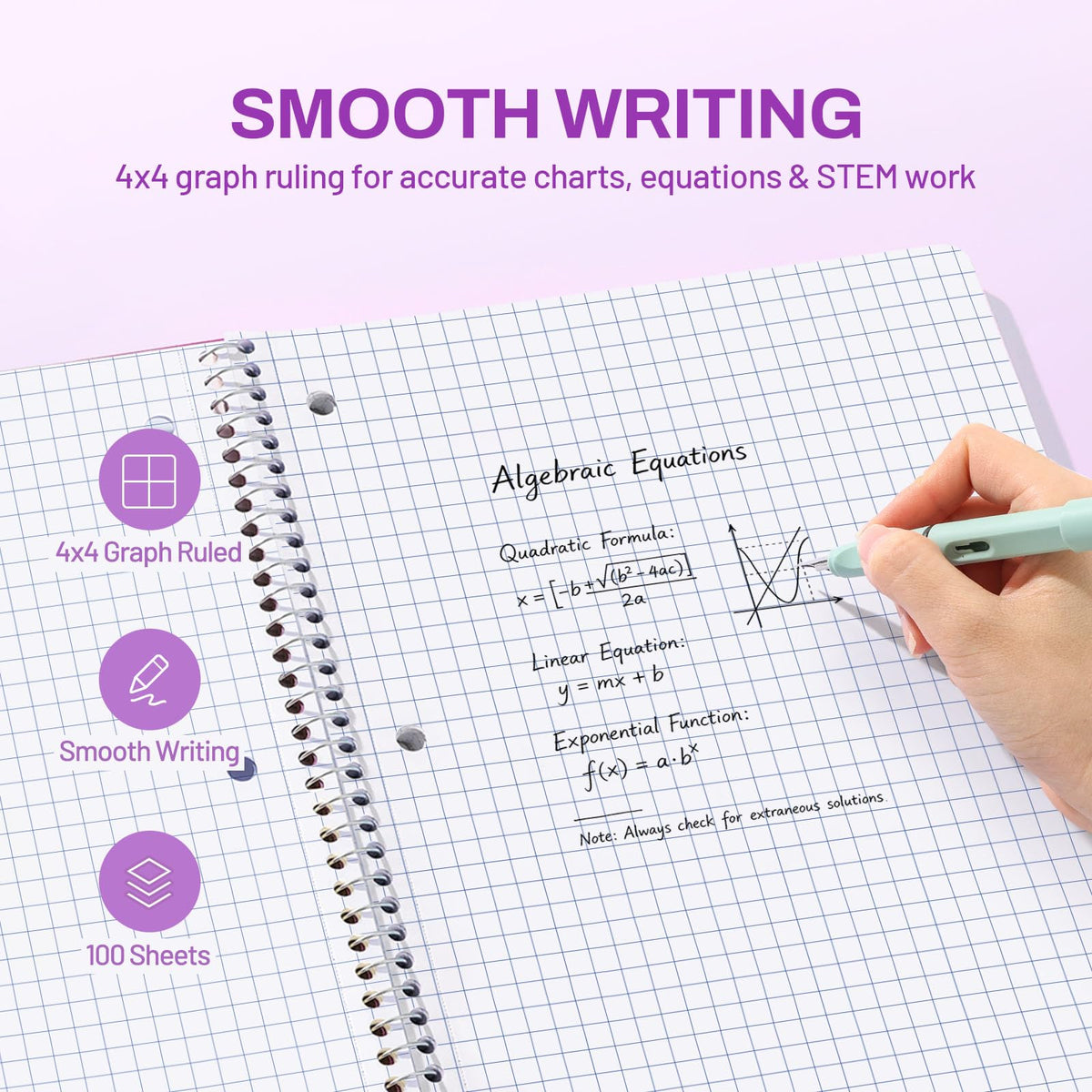 SUNEE Spiral Notebook, 1-Subject, Graph Ruled Paper, 8" x 10-1/2", 100 Sheets per Notebook, 3-Hole