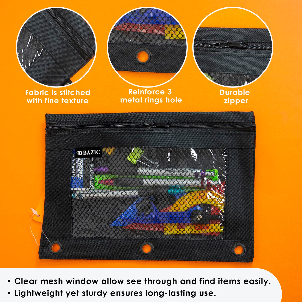 BAZIC PRODUCTS Black 3-Ring Pencil Pouch with Mesh Window, 24-Box