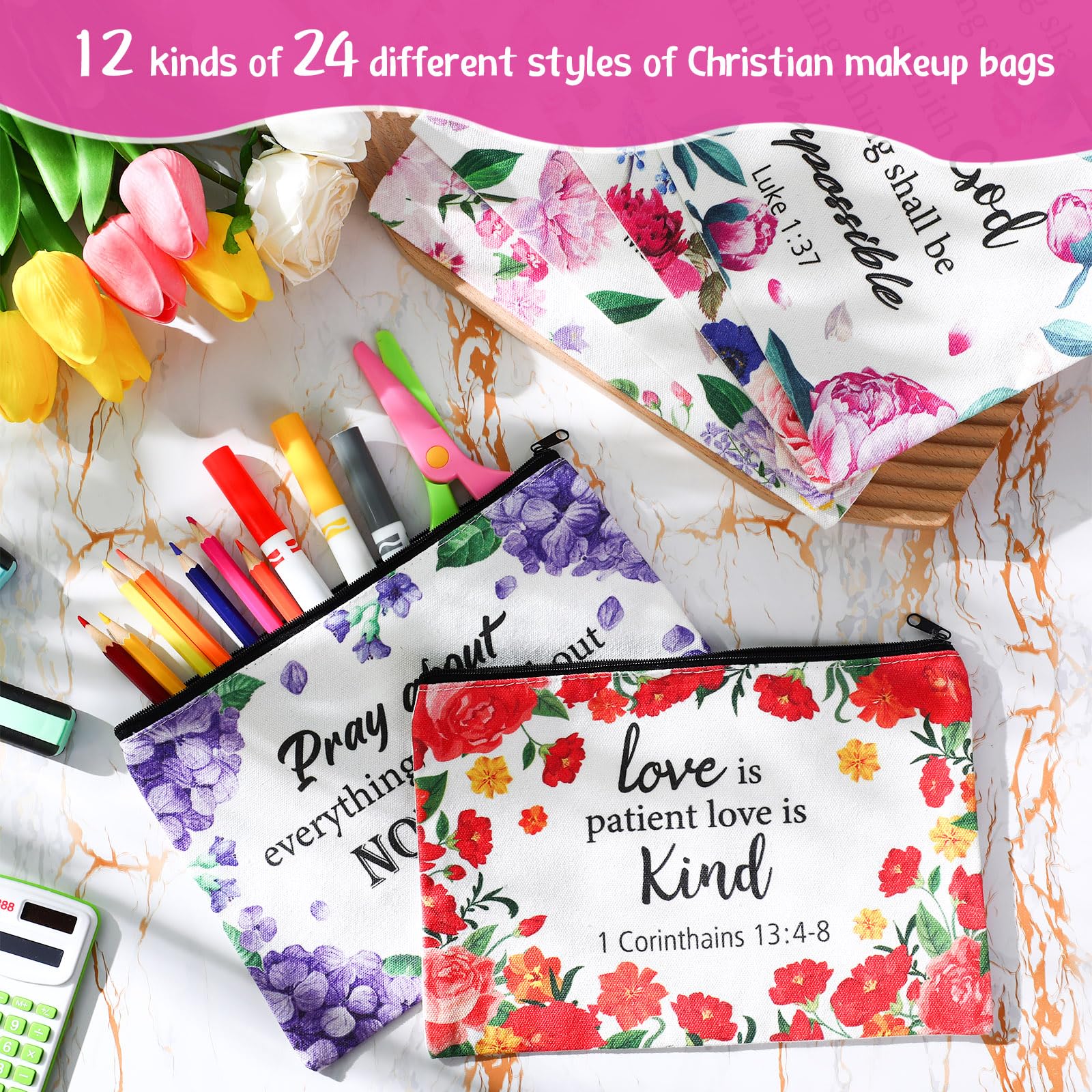 Qeeenar 12 Pack Christian Cosmetic Makeup Bags Religious Bible, Floral