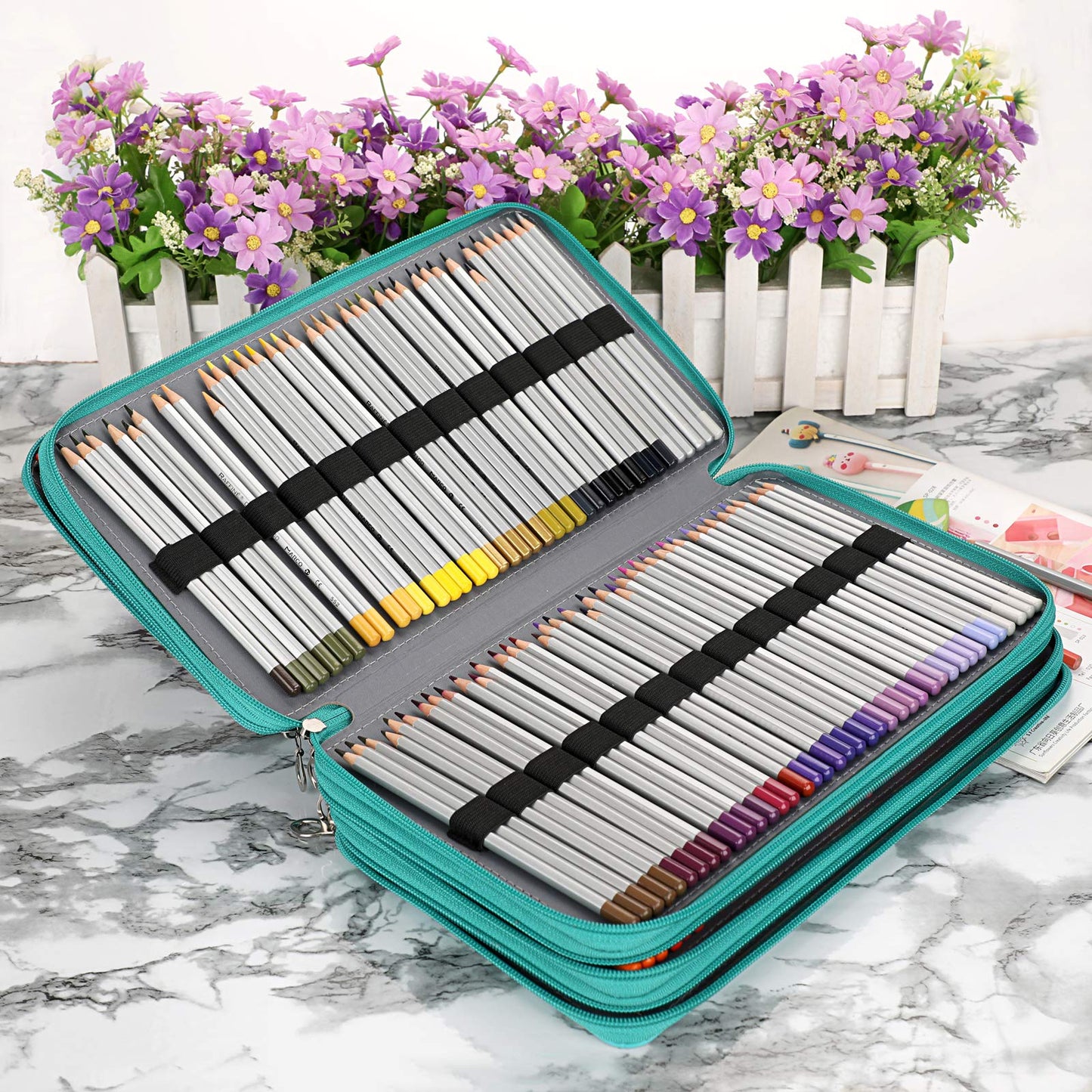 BTSKY 300 Slots Colored Pencil Organizer - Deluxe PU Leather Pencil Case Holder with Handle Strap