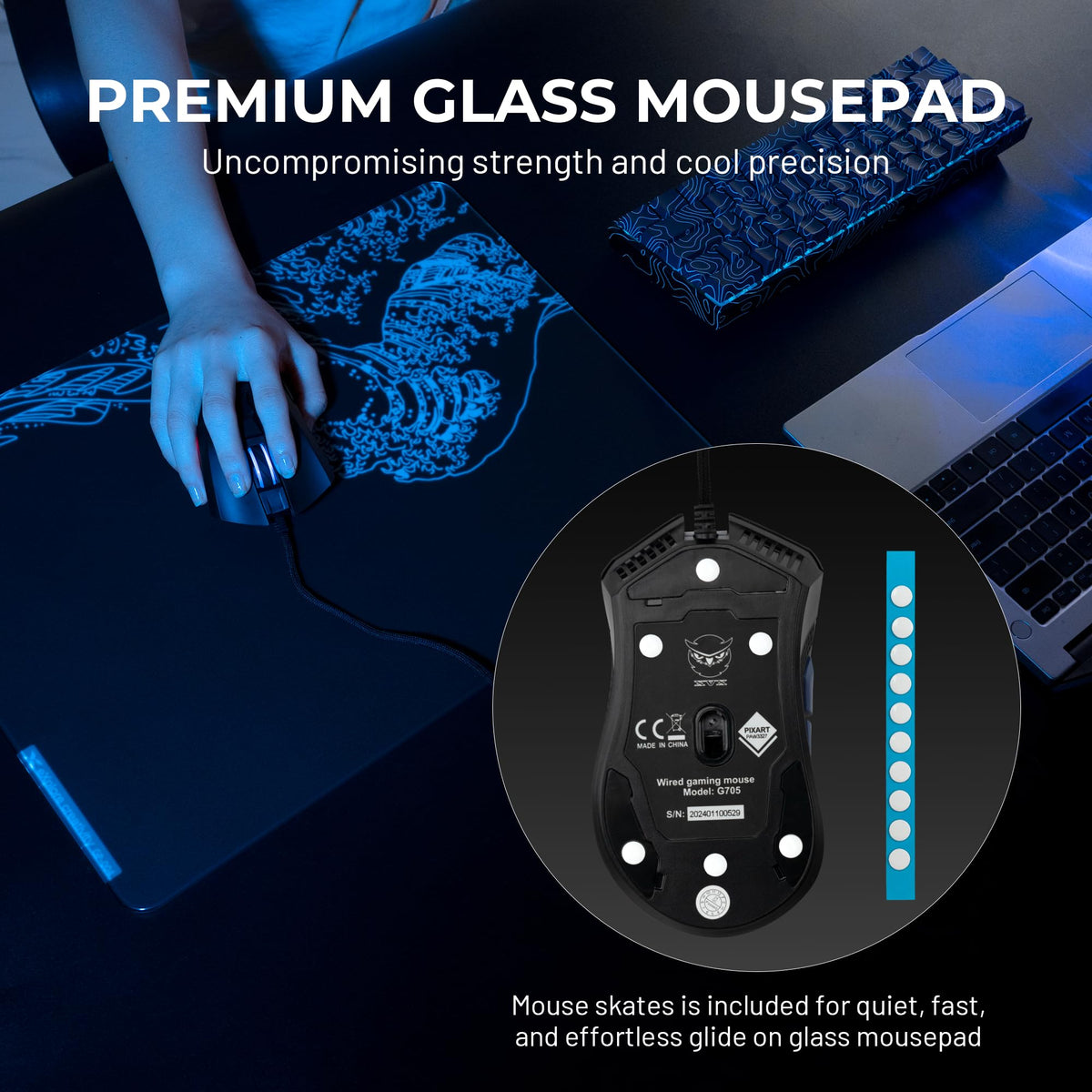 XVX Black Kanagawa Glass Mousepad 4.0, Hard Mouse Pad for Gaming, Ultra-Smooth Micro-Etched Surface