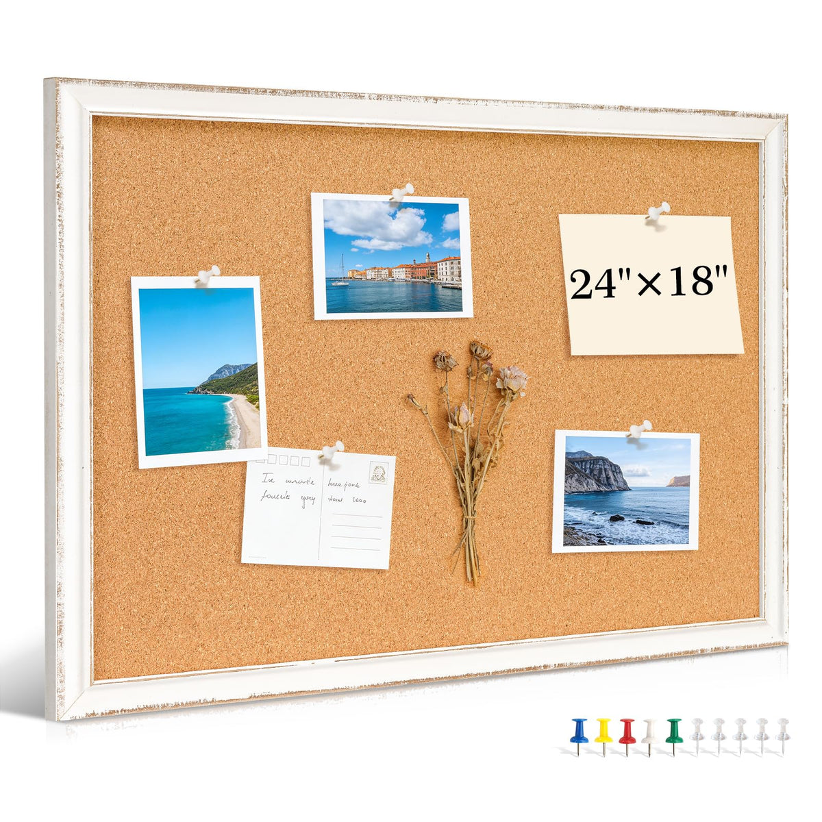 DOLLAR BOSS Distressed White Cork Board, 24"x18" Bulletin Board