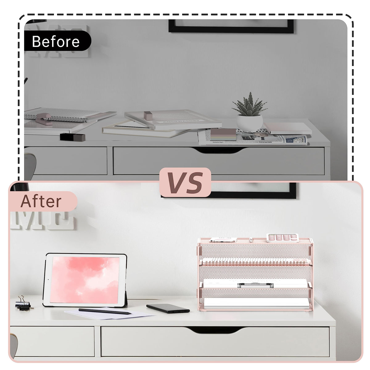 DALTACK 3 Tier Letter Tray Paper Organizer with Sliding Mesh Trays Pink