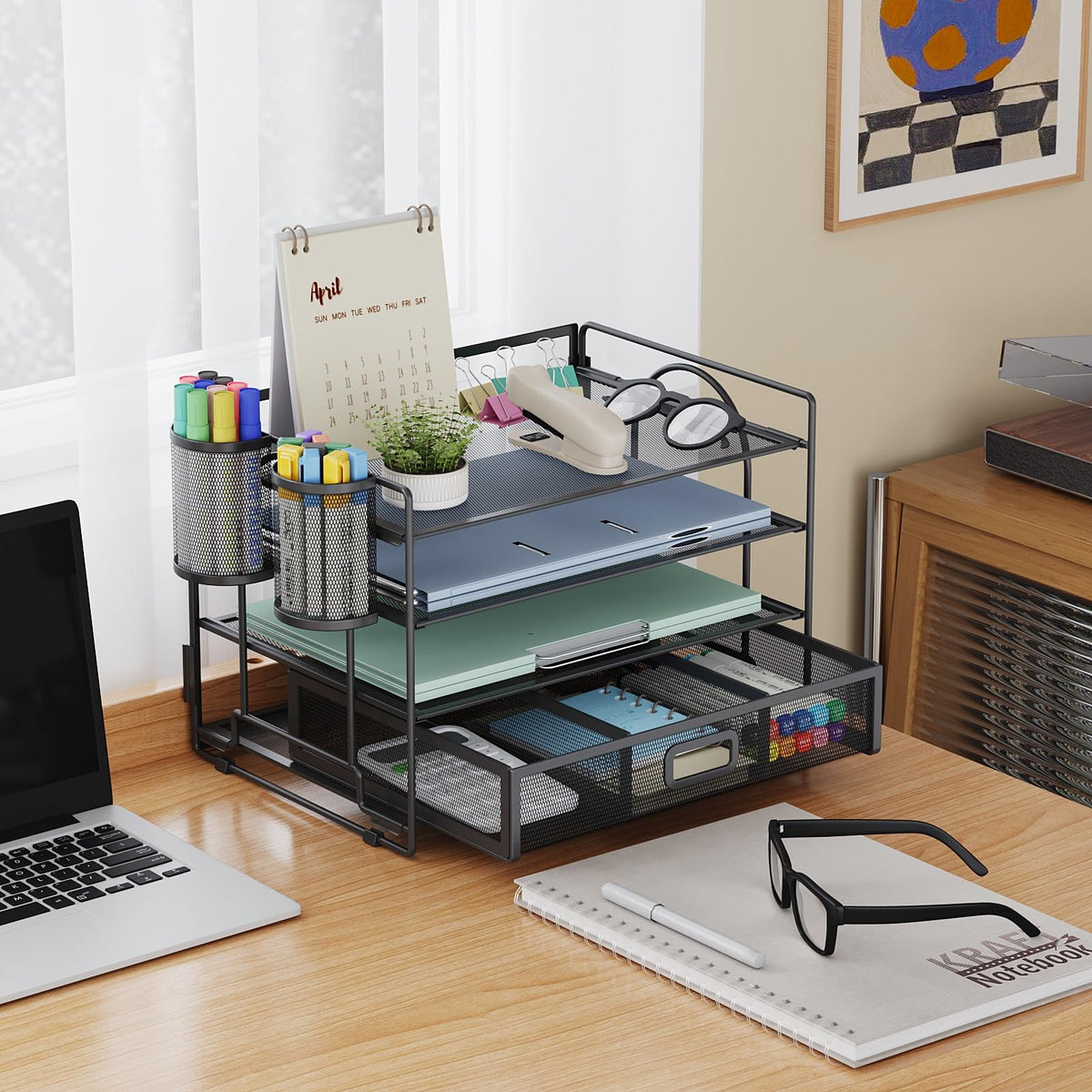Marbrasse Desk Organizer, 4-Tier Paper File Letter Tray, Black