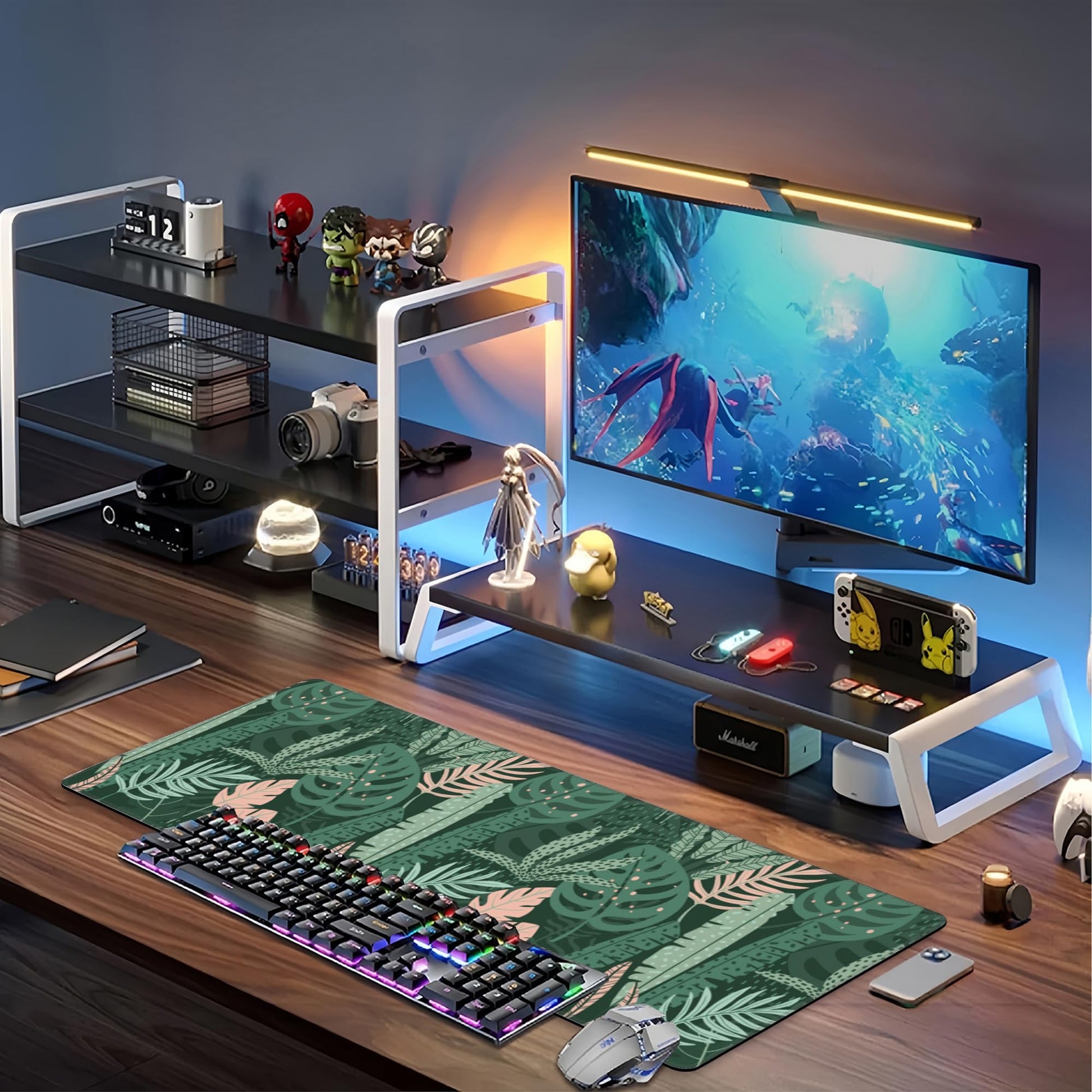 Tropical Plants and Leaves Desk Mat,Large Tropical Palm Leaves Gaming Keyboard Mouse Pad,Non-Slip