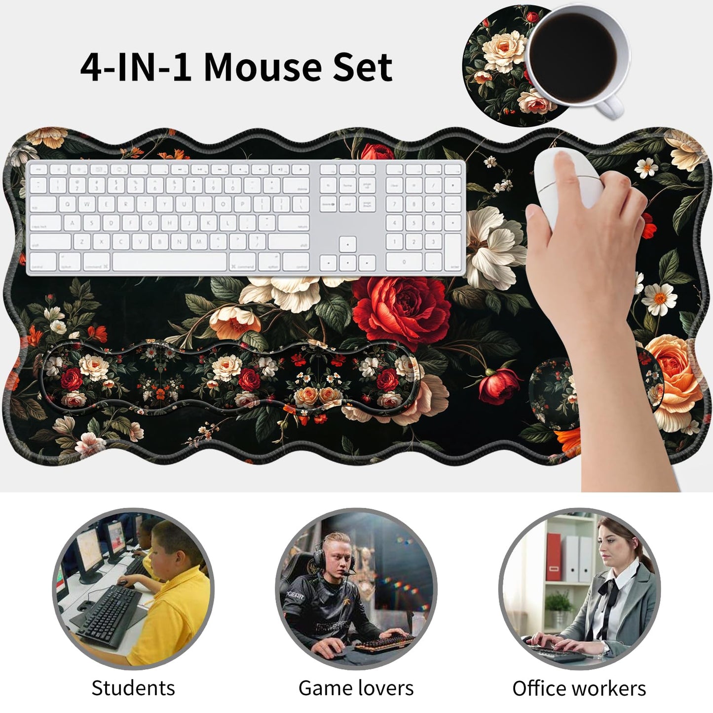 Office Mouse Pad Set with Wrist Support, Large 31.5"x11.8" Desk Mat, Ergonomic Memory Foam Keyboard