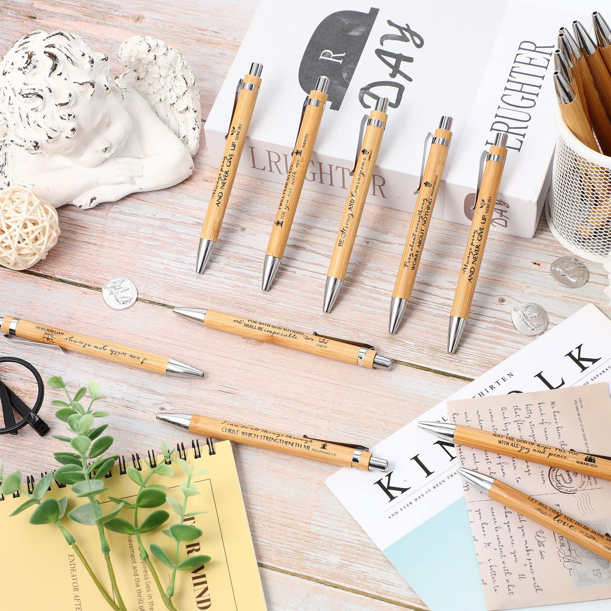 Fumete 200 Pcs Christian Pens Bulk Bamboo Ballpoint with Bible Verse