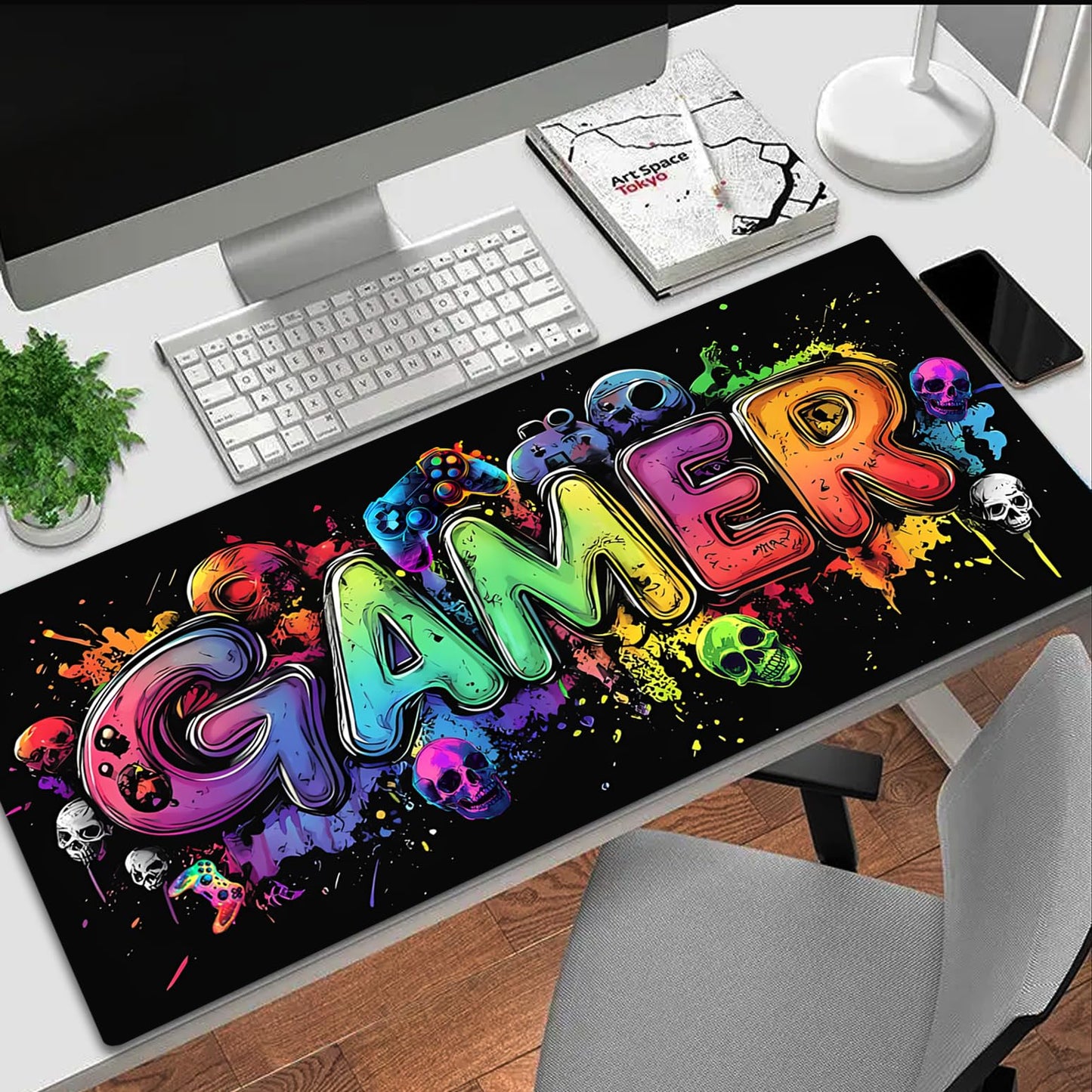 SparkLia Gamer Blacklight Mouse Pad – UV Reactive Neon Gaming Desk Mat with Skull Design