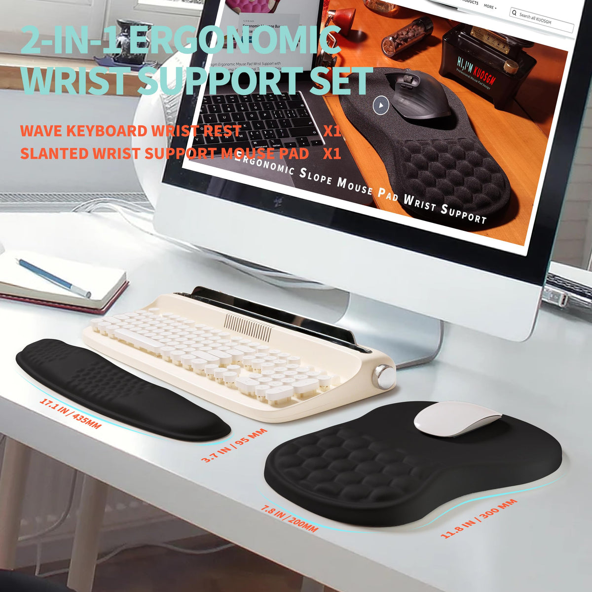 KUOSGM 2-in-1 Ergonomic Set, Wave Rise Keyboard Wrist Rest and Massage Bulge Slope Mouse Pad Wrist