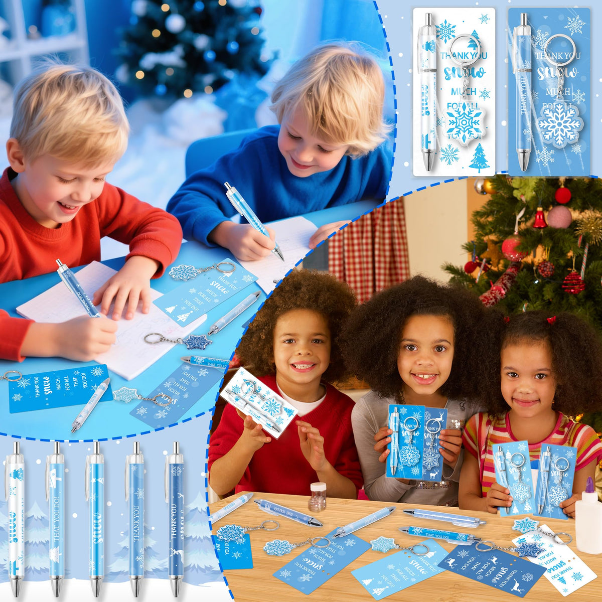 ANGOLIO Winter Snowflake Gifts Bulk 230Pcs Winter Snowflake Bookmarks Ballpoint Pens Keychains