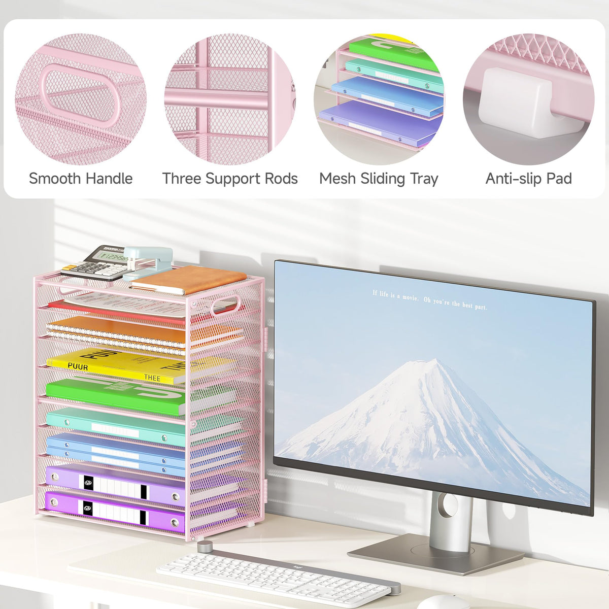 Cawukege 9 Tier Paper Organizer with Handle, Pink Large Capacity Desk Organizer Mesh File Folder