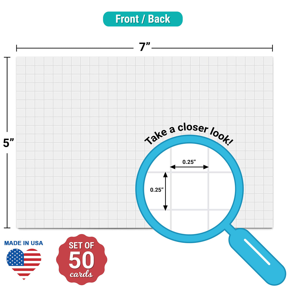 321Done Graph Index Cards, Large 5x7, Set of 50, 0.25" Grid Squares, White